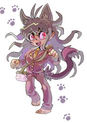  1boy animal_ear_fluff animal_ears barefoot brown_jacket bug_cage cat_ears cat_tail danganronpa_(series) danganronpa_v3:_killing_harmony extra_ears fang full_body glasses gokuhara_gonta hair_between_eyes highres jacket kemonomimi_mode kumakoro_(tetsupag) long_hair long_sleeves looking_at_viewer male_focus necktie open_mouth paw_print red_eyes simple_background solo tail v-shaped_eyebrows white_background yellow_necktie 