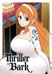  1girl alternate_costume border breasts cleavage degamishiro dress earrings elbow_gloves gloves indoors large_breasts long_hair looking_at_viewer nami_(one_piece) nami_(one_piece)_(thriller_bark) official_alternate_costume one_piece orange_hair outside_border pearl_earrings red_eyes shoulder_tattoo smile solo tattoo thriller_bark wedding_dress white_border white_dress window  rating:Sensitive score:4 user:Narukovore
