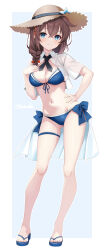  1girl bikini blue_bikini blue_eyes braid breasts brown_hair cleavage front-tie_bikini_top front-tie_top full_body hair_between_eyes hair_flaps hair_over_shoulder hand_on_own_chest hat highres kantai_collection long_hair medium_breasts navel official_alternate_costume sandals shigure_(kancolle) shigure_kai_san_(kancolle) shigure_kai_san_(swimsuit)_(kancolle) shirt side-tie_bikini_bottom single_braid solo straw_hat swimsuit toketa-sekai white_shirt 