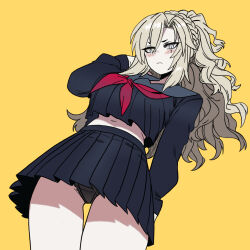  1girl arm_behind_back black_neckerchief black_panties black_sailor_collar black_shirt black_skirt blush breasts crop_top crop_top_overhang fate/grand_order fate_(series) grey_eyes hand_on_own_head hmzeus kriemhild_(fate) large_breasts long_hair long_sleeves looking_at_viewer miniskirt mole mole_under_eye neckerchief panties pantyshot ponytail sailor_collar school_uniform serafuku shadow shirt simple_background skirt solo thighs underwear white_hair yellow_background 