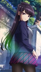  1girl absurdres artist_collaboration artist_name black_eyes black_hair black_pantyhose blue_jacket blue_skirt bow bowtie breasts commentary cowboy_shot diagonal-striped_clothes diagonal-striped_skirt english_commentary from_side highres itan_private_high_school_uniform jacket komi-san_wa_komyushou_desu komi_shouko lens_flare long_hair long_sleeves looking_at_viewer medium_breasts outdoors pantyhose pleated_skirt red_skirt school_uniform shiredora sketchdrif skirt smile solo stairs standing striped_clothes tree  rating:General score:16 user:danbooru