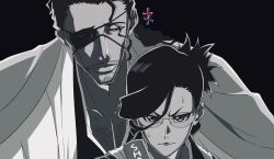  1boy 1girl 7l6cup9yzr1xu7d black_background black_hair black_kimono bleach bleach:_sennen_kessen-hen closed_mouth commentary english_commentary eyepatch facial_hair fighting_stance frown glasses greyscale hair_between_eyes hair_ornament hair_stick haori highres ise_nanao japanese_clothes kimono kyouraku_shunsui lips long_hair looking_at_another looking_at_viewer medium_hair monochrome nose official_style one_eye_covered portrait serious simple_background smile stubble sweat taichou_haori tsurime upper_body v-shaped_eyebrows 