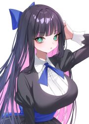  1girl absurdres black_dress black_nails blue_bow blue_ribbon blush bow breasts closed_mouth colored_inner_hair dress fingernails green_eyes highres huge_breasts long_hair long_sleeves looking_at_viewer multicolored_hair nail_polish neck_ribbon nemuaki panty_&amp;_stocking_with_garterbelt pink_hair purple_hair ribbon simple_background solo stocking_(psg) streaked_hair two-tone_hair underbust white_background white_dress 