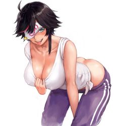 1girl ahoge ass bare_shoulders bent_over black_hair blue_eyes blush breasts butt_crack cleavage cleavage_reach collarbone commentary_request covered_erect_nipples covering_own_eyes duplicate female_focus hanging_breasts indie_virtual_youtuber large_breasts leaning_forward looking_at_viewer minori_yumeko multicolored_hair one_eye_covered open_mouth pants purple_pants shirt short_hair shu-mai simple_background solo streaked_hair tank_top tongue tongue_out track_pants virtual_youtuber white_background white_shirt rating:Sensitive score:46 user:danbooru