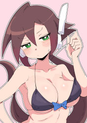  1girl absurdres aile_(mega_man_zx) bikini black_bikini blush breasts brown_hair buzzlyears green_eyes highres large_breasts long_hair mega_man_(series) mega_man_zx mega_man_zx_advent pink_background ponytail robot_ears simple_background solo swimsuit upper_body 