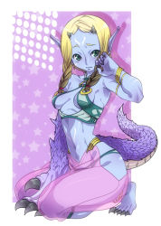  1girl 265 anklet blonde_hair blue_skin bracelet braid claws colored_skin female_focus green_eyes harem_pants horns jewelry monster_girl pants pointy_ears scales slit_pupils solo tail tears thong 