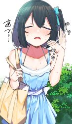  1girl absurdres bag bare_shoulders black_hair blue_dress blue_ribbon blush breasts check_translation cleavage closed_eyes collarbone cowboy_shot dot_nose double-parted_bangs dress fanning_face fanning_self hair_ribbon highres hot nose_blush open_mouth original outdoors ribbon short_hair shoulder_bag sidelocks small_breasts solo strap suzunari_shizuku sweat teeth translation_request upper_teeth_only vegetation yellow_bag yuki_arare 