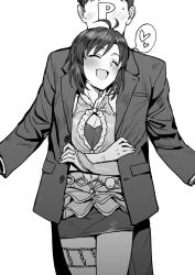  1boy 1girl antenna_hair blush breasts cleavage cleavage_cutout closed_eyes clothing_cutout cowboy_shot faceless faceless_male floral_(idolmaster) greyscale hetero highres idolmaster idolmaster_(classic) jacket kikuchi_makoto lapels monochrome navel navel_cutout notched_lapels open_clothes open_jacket open_mouth producer_(idolmaster) short_hair simple_background smile standing suit_jacket sweatdrop tsurui white_background 