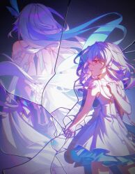  1girl absurdres age_comparison back bare_shoulders breasts broken_glass chinese_commentary collarbone commentary_request dress dual_persona genshin_impact glass hair_ornament highres long_hair looking_at_another parted_lips purple_hair shoulder_blades skirk_(genshin_impact) slowfrost small_breasts thighs white_dress 