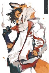  1boy absurdres animal_ears animal_nose animalization artist_name black_fur black_hair body_fur brown_eyes chinese_commentary cigarette claws cowboy_shot fangs fox_boy fox_ears fox_tail furry furry_male half-closed_eyes hand_in_pocket hand_up highres holding holding_cigarette jacket juanmao long_sleeves looking_at_viewer male_focus multicolored_fur multicolored_jacket open_clothes open_jacket open_mouth orange_fur pants quan_zhi_gao_shou red_jacket shirt short_hair simple_background smile smoke smoking snout solo standing tail teeth tongue tongue_out white_background white_fur white_jacket white_pants white_shirt ye_xiu 