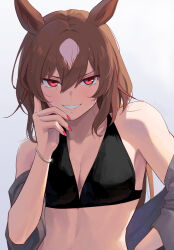  1girl alternate_costume animal_ears bangle bare_shoulders bikini black_bikini blush bracelet breasts brown_hair cleavage commentary_request gradient_background grey_background grey_jacket grey_shirt grin hair_between_eyes hand_on_own_face highres horse_ears horse_girl jacket jacket_partially_removed jewelry linea_alba long_hair looking_at_viewer medium_breasts mukakin multicolored_hair nail_polish off_shoulder pink_nails red_eyes red_nails shirt short_hair sidelocks simple_background sirius_symboli_(umamusume) smile solo sparkle streaked_hair swept_bangs swimsuit two-tone_hair umamusume upper_body very_long_hair white_hair 