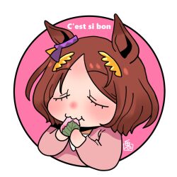  1girl animal_ears blush brown_hair chibi chibi_only closed_eyes closed_mouth commentary_request eating food french_text horse_ears horse_girl mochi onikobe_rin parted_hair pink_shirt sakura_laurel_(umamusume) sakura_mochi shirt short_hair simple_background solo umamusume upper_body wagashi wavy_mouth white_background 