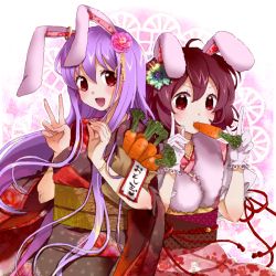  2girls animal_ears bag bracelet brown_hair carrot earrings female_focus gloves hair_ornament inaba_tewi japanese_clothes jewelry kanzashi kimono long_hair mouth_hold multiple_girls obi pecopewo purple_hair rabbit_ears red_eyes reisen_udongein_inaba sash shippou_(pattern) short_hair single_earring touhou v 