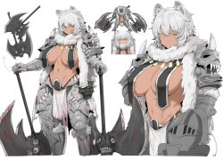  1girl animal_ear_fluff animal_ears armor axe black_souls black_souls_2 breast_curtains breasts dark-skinned_female dark_skin dual_wielding fur_collar gauntlets greaves gurenola hair_between_eyes holding holding_axe large_breasts lion_ears lion_girl long_hair muscular muscular_female navel one_eye_closed pauldrons shoulder_armor sidelocks solo white_hair white_lion_leiden yellow_eyes 