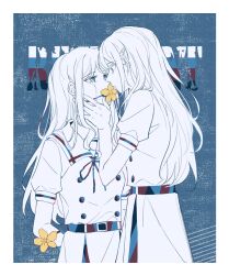  2girls bang_dream! bang_dream!_it&#039;s_mygo!!!!! blue_background commentary_request crimiko cucumber_flower dress flower flower_over_mouth hair_ornament hairclip hand_on_another&#039;s_face highres long_hair monochrome multiple_girls nagasaki_soyo school_uniform tears tsukinomori_school_uniform wakaba_mutsumi yellow_flower yuri 