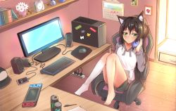 1girl :3 animal_ears baseball_cap bongo_cat_(character) bongo_cat_(meme) book calendar_(object) cat_ears cat_girl cat_tail cellphone chair clock computer computer_keyboard computer_mouse computer_tower desk drawer drink electric_plug electrical_outlet external_hard_drive from_above gen_1_pokemon green_eyes hat headphones headphones_around_neck highres indoors kneehighs knees_together_feet_apart leaf lined_paper monitor nintendo nintendo_switch office_chair original phone picture_frame pikachu plant pokemon pokemon_(creature) potted_plant power_strip short_shorts shorts shuuzo3 single_kneehigh single_sock sitting smartphone socks sticker swivel_chair tagme tail unworn_hat unworn_headwear white_socks wooden_floor rating:Sensitive score:12 user:danbooru