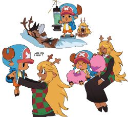  1girl 2boys absurdres animal_ears antlers blonde_hair buck_teeth cotton_candy crossover cyberlord1109 deer_antlers deer_ears deer_girl deltarune eating furry furry_female highres hooves horns long_skirt multiple_boys noelle_holiday one_piece reindeer_antlers reindeer_boy reindeer_girl rudolph_holiday skirt species_connection syringe teeth tony_tony_chopper trait_connection 