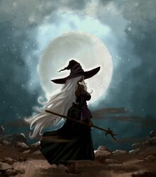  1girl barefoot black_dress black_skin breasts colored_skin commentary deepseart dress elden_ring elden_ring_nightreign feet from_side full_body full_moon hat hat_over_eyes highres large_breasts large_hat long_hair moon night night_sky outdoors parted_bangs purple_sleeves recluse_(elden_ring) signature sky solo standing very_long_hair white_hair witch witch_hat wooden_staff 