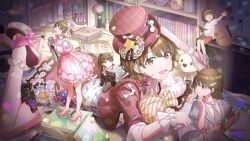 5girls bird brown_eyes brown_hair cd_case clock cup dress duck fire game_cg gingerbread_man hat high_heels idol_clothes idolmaster idolmaster_shiny_colors jacket lying microphone mini_person mug multiple_girls nanakusa_nichika necktie official_art open_mouth puffy_sleeves skirt spacecraft star_(symbol) stereo stuffed_animal stuffed_toy teddy_bear