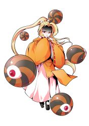  1girl alphes_(style) black_shoes blonde_hair commentary_request dairi detached_sleeves eyeball full_body hair_ribbon hands_up high_ponytail highres japanese_clothes large_variant_set long_hair long_skirt long_sleeves orange_shirt parody ponytail red_eyes ribbon ribbon-trimmed_clothes ribbon-trimmed_sleeves ribbon_trim shirt shoes single_hair_intake skirt solo style_parody tachi-e touhou touhou_(pc-98) transparent_background undershirt variant_set very_long_hair white_ribbon white_shirt white_skirt wide_sleeves yuugenmagan 