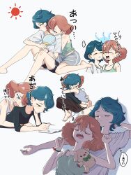  ... 2girls black_shirt black_shorts blue_hair blush cheek-to-cheek closed_eyes closed_mouth commentary cuddling dolphin_shorts fang green_eyes green_tank_top grey_shorts gundam gundam_suisei_no_majo hand_fan heads_together highres holding holding_fan hug hug_from_behind lying_on_person medium_hair multiple_girls mutsunohinan norea_du_noc notebook orange_hair shirt short_hair shorts simple_background sleeping sleeping_on_person sophie_pulone speech_bubble spoken_ellipsis stuffed_animal stuffed_toy sun_symbol symbol-only_commentary tank_top teddy_bear thought_bubble tongue tongue_out translation_request white_background white_shirt white_tank_top yuri 