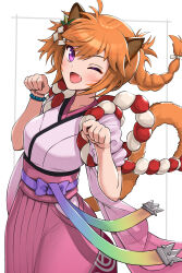  1girl ;d bracelet braid breasts cat_girl facepaint facial_mark fang fire_emblem fire_emblem:_radiant_dawn fire_emblem_heroes gonzarez gradient_clothes highres japanese_clothes jewelry kimono laguz_(fire_emblem) layered_clothes layered_kimono light_blush looking_at_viewer lyre_(fire_emblem) lyre_(new_year)_(fire_emblem) medium_breasts messy_hair nintendo official_alternate_costume one_eye_closed open_mouth orange_hair orange_tail paw_pose pink_kimono purple_eyes rainbow_ribbon rope smile solo whisker_markings white_background 