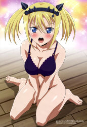 1girl absurdres blonde_hair blue_eyes bra breasts cleavage highres kawarajima_kou long_hair looking_at_viewer lucy_grill magazine_scan medium_breasts megami_magazine no_panties official_art open_mouth peter_grill_to_kenja_no_jikan scan sitting thighs twintails underwear wariza wooden_floor rating:Sensitive score:40 user:danbooru