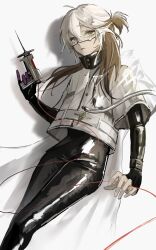  1other alternate_costume black_bodysuit bodysuit brown_hair colored_tips feet_out_of_frame goggles gun hand_up highres holding holding_gun holding_weapon jacket long_hair looking_at_viewer medicine_pocket multicolored_hair reverse:1999 shadow solo towano_(0qjftwn) weapon white_background white_jacket yellow_eyes 
