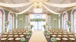  arched_window ballroom bouquet bow ceiling_light chair chandelier curtains flower glass_door highres no_humans non-web_source official_art our_life our_life:_beginnings_and_always plant poppy_(flower) potted_plant rug scenery variant_set wall_lamp white_flower window wooden_chair 
