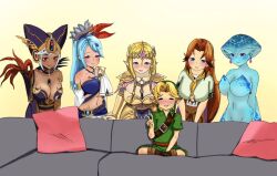  1boy 5girls age_difference blonde_hair blue_eyes blue_hair boots breasts cia_(hyrule_warriors) closed_eyes couch cremia cushion dark-skinned_female dark_skin harem height_difference hyrule_warriors imminent_rape lana_(hyrule_warriors) large_breasts leaning_forward legs link malon monster_girl multiple_girls naughty_face nervous nintendo orange_hair parody piper_perri_surrounded_(meme) pointy_ears princess_ruto princess_zelda purple_eyes red_eyes shota size_difference sky-freedom the_legend_of_zelda the_legend_of_zelda:_majora&#039;s_mask the_legend_of_zelda:_ocarina_of_time third-party_edit v white_hair you_gonna_get_raped young_link  rating:Sensitive score:151 user:kirbysuperstar