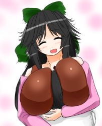 1girl ^_^ apron bare_shoulders between_breasts black_hair bow breasts closed_eyes female_focus hair_bow head_between_breasts hug huge_breasts jewelry long_hair masami_t mature_female necklace off-shoulder off-shoulder_sweater off_shoulder open_mouth reiuji_utsuho smile sweater touhou rating:Sensitive score:37 user:danbooru