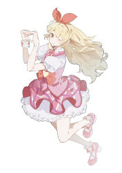  1girl absurdres aikatsu! aikatsu!_(series) blonde_hair bow bow_hairband circle_skirt closed_mouth collared_shirt collared_vest cross-laced_shoes eyelashes floating_clothes footwear_bow frilled_skirt frilled_sleeves frilled_socks frilled_wrist_cuffs frills full_body hairband heart heart_hands high_heels highres hoshimiya_ichigo idol lapels layered_skirt leg_up long_hair miniskirt morgue_(southsakura) necktie notched_lapels one_eye_closed pink_shoes pink_skirt pink_vest plaid_clothes plaid_skirt pleated_skirt pocket puffy_short_sleeves puffy_sleeves pumps red_bow red_eyes red_hairband red_necktie running shirt shoes short_sleeves simple_background single_wrist_cuff skirt smile socks solo tareme very_long_hair vest waist_bow wavy_hair white_background white_shirt white_skirt white_socks white_wrist_cuffs wrist_bow wrist_cuffs 