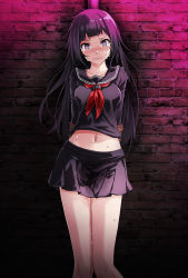 1girl bad_id bad_twitter_id bare_legs black_hair black_shirt black_skirt blouse blunt_bangs blush bound breasts brick_wall chat_noir_(module) collarbone crying crying_with_eyes_open female_focus grey_eyes hatsune_miku hatsune_miku_(chat_noir) highres hime_cut medium_breasts messy_hair navel pee pee_stain peeing peeing_self photo_background project_diva_(series) red_neckwear school_uniform serafuku shirt skirt solo standing sweat tears tied_up tsukishiro_saika vocaloid wet wet_clothes wet_skirt rating:Questionable score:77 user:danbooru