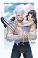  10s 1girl animification black_hair brown_eyes claw_(weapon) claws father_and_daughter highres logan_(film) logan_(movie) long_hair marvel old old_man weapon white_hair wolverine_(x-men) x-23 x-men x-men_film_series 