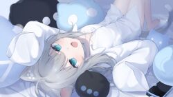  1girl :d amashiro_natsuki animal_ear_fluff animal_ears arm_up barefoot blue_eyes cat_ears cat_girl cat_tail collared_shirt commentary_request dress_shirt fang grey_hair hair_between_eyes hand_up highres indie_virtual_youtuber knees_up long_hair long_sleeves looking_at_viewer lying nachoneko naked_shirt on_back open_mouth romaji_commentary shirt sleeves_past_fingers sleeves_past_wrists smile solo tail virtual_youtuber white_shirt 