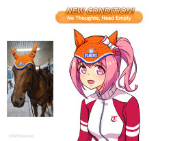  1girl :d animal_ear_headwear animal_ears artist_name beanie black_jacket bow commentary dated ear_covers elmer&#039;s english_commentary english_text fake_animal_ears flower-shaped_pupils haru_urara_(umamusume) hat hat_bow highres horse_ears horse_girl jacket meme mixed-language_commentary multicolored_jacket no_thoughts_head_empty_(meme) open_mouth orange_hat photo_inset pink_eyes pink_hair ponytail red_jacket reference_inset sbarky38 simple_background smile symbol-shaped_pupils symbol_in_eye twitter_username two-tone_jacket umamusume upper_body white_background white_bow zipper zipper_pull_tab 