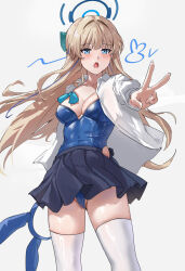  1girl black_skirt blonde_hair blue_archive blue_panties breasts commentary english_commentary halo highres hinaumma leotard leotard_under_clothes long_hair open_mouth panties playboy_bunny simple_background skirt solo standing thighhighs toki_(blue_archive) toki_(bunny)_(blue_archive) underwear white_background white_thighhighs 
