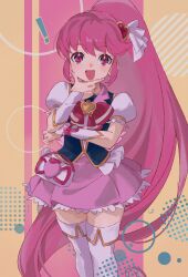 ! 1girl aino_megumi black_vest boots bow brooch cowboy_shot cure_lovely earrings frills hair_between_eyes hair_ornament hand_on_own_chin happinesscharge_precure! heart heart_brooch heart_hair_ornament highres jewelry long_hair looking_at_viewer magical_girl open_mouth pink_background pink_eyes pink_hair pink_shirt pink_skirt ponytail pouch precure puffy_sleeves red_bow shipu_(gassyumaron) shirt signature skirt smartwatch smile solo stroking_own_chin thigh_boots thighhighs thinking vest watch wide_ponytail wristwatch yellow_background zettai_ryouiki 