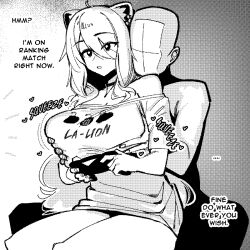 1boy 1girl ahoge animal_ear_fluff animal_ears breasts commentary controller dismassd double-parted_bangs english_text game_controller grabbing_another&#039;s_breast grabbing_from_behind greyscale groping hair_between_eyes hetero highres holding holding_controller holding_game_controller hololive large_breasts lion_ears lion_tail long_hair monochrome no_pants off-shoulder_shirt off_shoulder official_alternate_costume official_alternate_hairstyle shirt shishiro_botan shishiro_botan_(casual) short_sleeves solo solo_focus t-shirt tail virtual_youtuber 