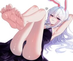  1girl absurdres barefoot blush delil dress feet feet_up highres long_hair looking_at_viewer lying on_back panties pantyshot parted_lips purple_eyes rabbit_ears soles toes underwear white_hair 