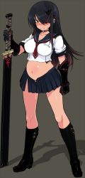1girl bare_legs black_hair boots breasts choker clenched_teeth commentary_request covered_erect_nipples ear_piercing eyepatch female_focus full_body gauntlets gradient_hair groin hair_over_one_eye horns large_breasts long_hair looking_at_viewer midriff multicolored_hair navel null_(nyanpyoun) original piercing pregnant red_hair school_uniform serafuku sheath sheathed simple_background single_horn skirt solo suggestive_fluid sweatdrop sword teeth two-tone_hair weapon rating:Questionable score:92 user:danbooru