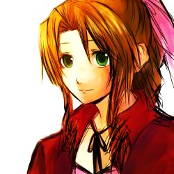  1990s_(style) 1girl aerith_gainsborough bad_id bad_pixiv_id bow braid brown_hair choker cropped_jacket female_focus final_fantasy final_fantasy_vii green_eyes gurozuki hair_ribbon long_hair lowres md5_mismatch pink_bow ponytail retro_artstyle ribbon sasaki_ryou simple_background single_braid solo 