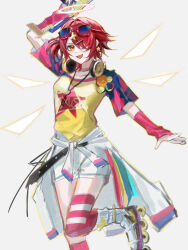  1girl :d absurdres ambience_synesthesia arknights arm_up arm_warmers character_name chinese_commentary clothes_around_waist clothes_writing commentary_request detached_wings exusiai_(arknights) eyewear_on_head grey_background hair_ornament hair_over_one_eye hairclip halo headphones headphones_around_neck highres holding inline_skates jacket jacket_around_waist leg_up looking_at_viewer official_alternate_costume one_eye_covered open_mouth pink_arm_warmers pink_thighhighs red_hair roller_skates shirt short_hair short_sleeves shorts simple_background skates sketch smile solo standing standing_on_one_leg striped_clothes striped_thighhighs thighhighs traditional_halo white_halo white_jacket white_shorts white_thighhighs wings x_hair_ornament yellow_eyes yellow_shirt zhishi_mao_tiao 