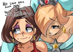  2girls aqua_dress bare_shoulders blonde_hair blue_eyes blush breasts brooch brown_hair collarbone donkey_kong_(series) dress earrings english_text eyeshadow floating_earrings freckles gold_earrings hair_over_one_eye half-closed_eyes halter_dress halterneck highres jewelry large_breasts long_hair long_sleeves makeup mario_(series) moxydraws multiple_girls nintendo off-shoulder_dress off_shoulder pauline_(mario) purple_eyeshadow raised_eyebrows red_dress rosalina silver_crown star_(symbol) star_brooch star_earrings sweat taut_clothes taut_dress teardrop_earrings upper_body wavy_hair yuri 