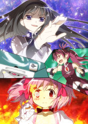  3girls akemi_homura akemi_homura_(magical_girl) black_hair board_game hairband highres holding holding_mahjong_tile kaname_madoka kaname_madoka_(magical_girl) long_hair magical_girl mahjong mahjong_tile mahou_shoujo_madoka_magica mahou_shoujo_madoka_magica_(anime) microphone multiple_girls nonaka_ai nyoro_(nyoronyoro000) parody pink_hair ponytail purple_eyes red_hair saitou_chiwa saki saki_(manga) saki_achiga-hen sakura_kyoko sakura_kyoko_(magical_girl) twintails voice_actor_connection yuuki_aoi 