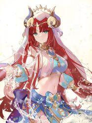  1girl alternate_hairstyle aqua_nails blue_skirt blush breasts closed_mouth crop_top detached_sleeves genshin_impact green_eyes harem_outfit highres long_hair long_sleeves looking_at_viewer medium_breasts navel nilou_(genshin_impact) obeycat red_hair simple_background skirt smile solo stomach very_long_hair water white_background 