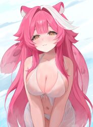  1girl :3 animal_ears bare_shoulders bikini blue_sky blush breasts cleavage closed_mouth cloud cloudy_sky collarbone commentary day hair_intakes hashtag-only_commentary highres hololive hololive_english kiiume0 large_breasts long_hair navel panther_ears panther_girl panther_tail pink_hair raora_panthera sky smile solo stomach swimsuit tail thighs virtual_youtuber white_bikini yellow_eyes 