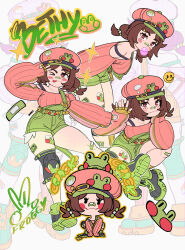  1girl :q alternate_costume animal_print bandaid bandaid_on_face bandaid_on_knee bandaid_on_leg bandaid_on_nose bare_shoulders belt bethy black_eyes blush boots breasts brown_hair character_background character_name chewing_gum chibi closed_mouth collarbone commentary commission crossed_ankles emoji english_commentary fingerless_gloves frog frog_print full_body gloves green_boots green_overalls hand_up hat highres indie_virtual_youtuber knee_pads large_breasts leaning_forward lokigun looking_at_viewer medium_hair one_eye_closed overalls pink_eyes pink_hat pink_sweater redesign reference_sheet short_twintails single_knee_pad single_sock sleeves_past_wrists smile smile_emoji socks squatting sticker_on_leg sweater thick_thighs thighs tomboy tongue tongue_out twintails v virtual_youtuber white_background yellow_belt yellow_gloves yellow_socks 