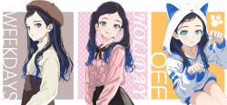  1girl 22/7 :p animal_hood aqua_eyes black_bow black_bowtie black_hair black_skirt black_thighhighs blue_hair blue_shorts border bow bowtie brown_hat brown_skirt cat_hood center_frills collarbone commentary_request cowboy_shot forehead frilled_shirt frills from_side gradient_hair hair_over_shoulder hat high-waist_skirt highres hood hood_up jirai_kei kurubushinenza long_hair long_sleeves looking_at_viewer looking_to_the_side multicolored_hair multiple_views nishiura_sora orange_background outside_border parted_bangs parted_lips paw_pose pink_background pink_shirt pleated_skirt polka_dot polka_dot_background shirt shorts sitting skirt smile standing sweater thighhighs tongue tongue_out twintails two-tone_hoodie two_side_up upper_body white_border white_sweater zettai_ryouiki 