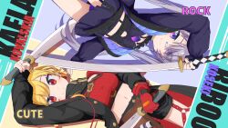 2girls absurdres bandaid bandaid_on_face bandaid_on_nose black_jacket black_shirt black_shorts black_skirt blonde_hair chest_jewel closed_mouth crop_top gem grey_hair highres holding holding_sword holding_weapon hololive hololive_english hololive_indonesia jacket kaela_kovalskia kaela_kovalskia_(4th_costume) koseki_bijou koseki_bijou_(casual) miniskirt multiple_girls navel official_alternate_costume official_alternate_hairstyle panties purple_eyes purple_gemstone purple_panties red_eyes shirt shorts skirt smile smillerbee sword twintails underwear virtual_youtuber weapon 